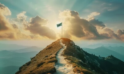 Road going to flag on mountain top, Business goals achievement concept - obrazy, fototapety, plakaty
