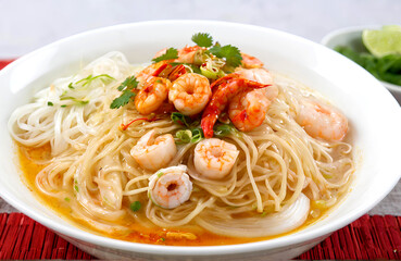Noodle with prawns and shrimps in white bowl