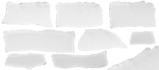 set - collection of torn white paper scrap or different shapes of ripped sheets isolated against a transparent white background, ideal for digital collage designs or base for text, grunge design eleme
