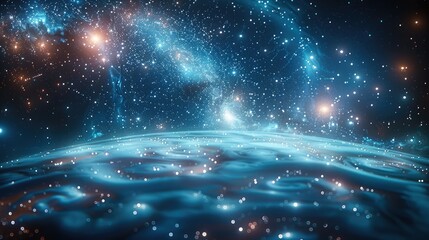 Starry sky, numbers, lines, cosmic scenery, bluish light. Generative AI.