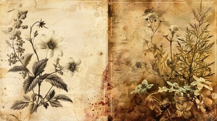 Create an oil-painted airbrush style image, equally divided into two sections. On the left side, illustrate a whimsical realistic closeup apothecary herbal background. Cute features. 