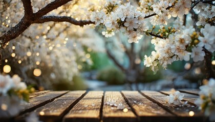 Wiosenne tło z drewnianym blatem i kwitnącymi gałązkami drzew