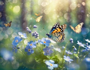 Obraz premium Kwiat niezapominajek i motyle. Wiosenne tło
