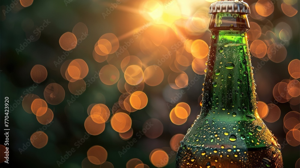 Poster close up of green bottle of beer with drops. a beam of light passes through the bottle. generative a