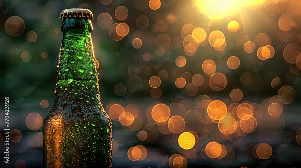 Poster close up of green bottle of beer with drops. a beam of light passes through the bottle. generative a