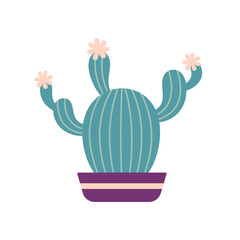 Colorful blooming cacti, succulent in pot. Cute hand drawn sketch of cactus. Doodle style, flat design. Scandinavian, boho style. Vector illustration. Exotic and Tropical Plant, home decor