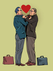 Passionate love of competitors' office workers. Love will overcome all barriers. Men in suits hold each other's jackets and look into each other's eyes. Pop Art Retro - 770424121
