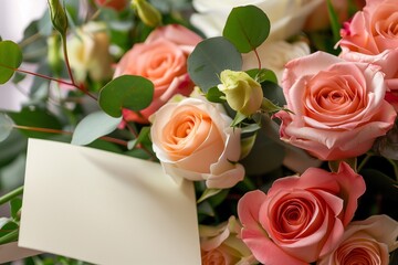 White paper blank postcard mockup with a bouquet of pink roses. Horizontal photo festive composition template.