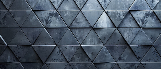 Abstract geometric mosaic of dark black and anthracite gray stone concrete tiles. Fluted triangles add depth to the textured wallpaper backdrop, ideal for modern banners and backgrounds. - obrazy, fototapety, plakaty