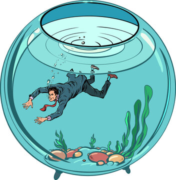 Choking from the amount of work in the office. Hard workdays without rest. A man in a suit swims inside an aquarium. Pop Art Retro