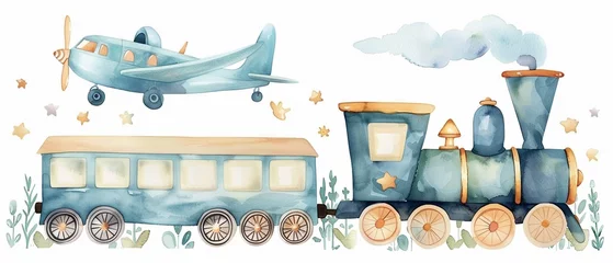 Muurstickers Adorable cartoon set of an airplane and locomotive, painted in soft Japanese watercolors, designed for joyful baby shower cards and child birthday invitations, isolated for easy use , high resolution  © ธนากร บัวพรหม