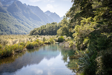 Fototapeta na wymiar Beautiful crystal clear lake in exotic forest with mountains in backdrop, Fiordland, New Zealand