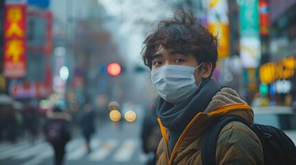 Young Asian man wears a mask on a city street. Protection against virus and poor air quality