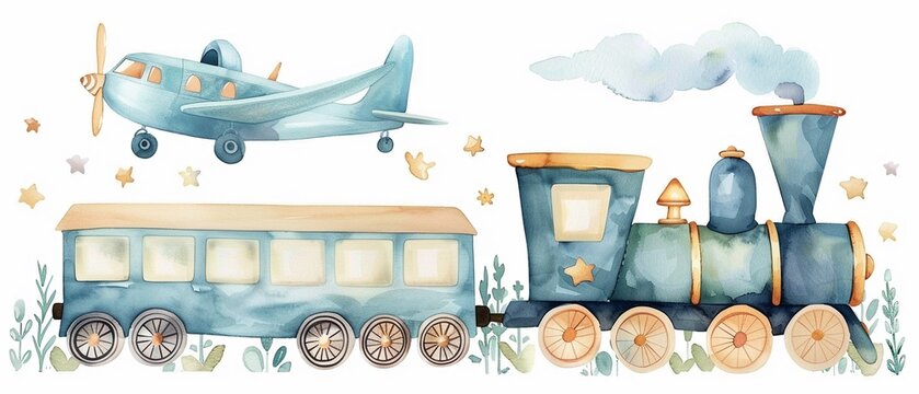 Adorable cartoon set of an airplane and locomotive, painted in soft Japanese watercolors, designed for joyful baby shower cards and child birthday invitations, isolated for easy use , high resolution 