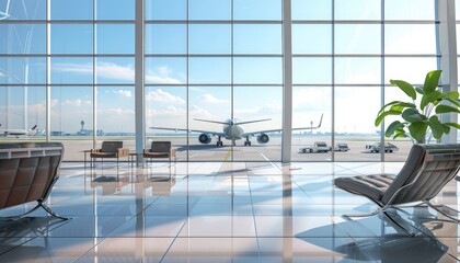 airport lounge with airplanes on the background. by AI generated image