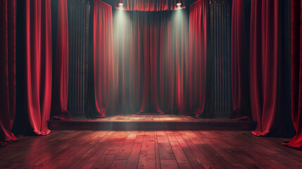 An empty theater stage awaits, draped in opulent velvet curtains. The hushed atmosphere is pregnant with anticipation, as the stage prepares to come alive with the drama and spectacle of performance. - obrazy, fototapety, plakaty