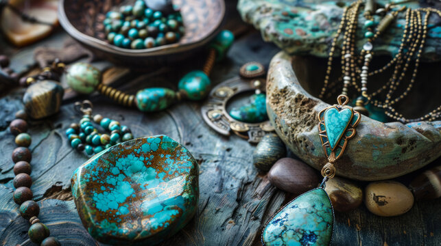 An assortment of turquoise gemstones and jewelry laid out on a rustic wooden texture, capturing the beauty and variety of the stones