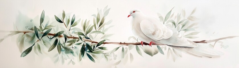 Delicate and serene, a white dove with an olive branch, painted in a Japanese watercolor style, a poignant peace emblem, isolated on white , high resolution DSLR, 8K, high detailed, super detailed , u - obrazy, fototapety, plakaty