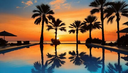 Fototapeta na wymiar Colorful sunset with palm trees in silhouette and reflections in a resort pool