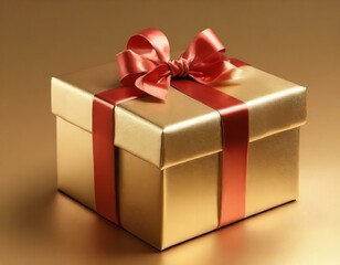 Gold gift box wrapped with a red ribbon and matching bow