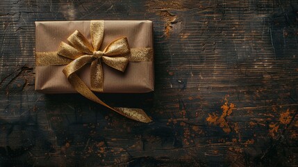 Festive Present: Christmas Gift with Gold Ribbon on Wooden Table