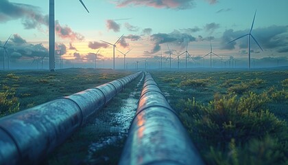 Hydrogen pipeline with wind turbines in the background. by AI generated image