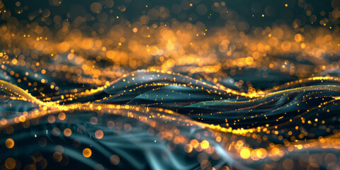 Ring topography of light fiber in the night sky creates an abstract scene with a bokeh panorama, flowing lines, and dotted elements in teal and gold.