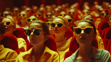 Many people wear sunglasses in a cinema hall, creating a muted surrealism scene in yellow and bronze. - obrazy, fototapety, plakaty