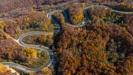 aerial view of inegol domanic road with beautiful autumn colors of nature, Kutahya, Turkey