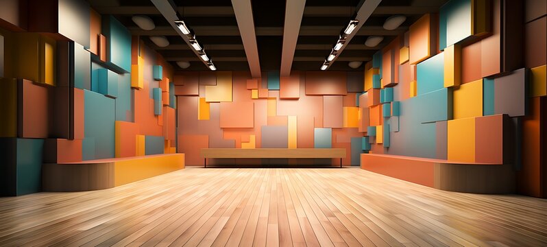 three-dimensional color background for wooden TV studio 3d rendering