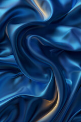 Obraz premium Blue silk texture adorns a desktop wallpaper, creating a bokeh panorama with luminous 3d objects in light navy and dark gold.