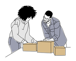 Business couple, young man and woman small business owners packaging orders. Ecommerce, digital business, online retail store concept. Vector outline drawing isolated on transparent background.