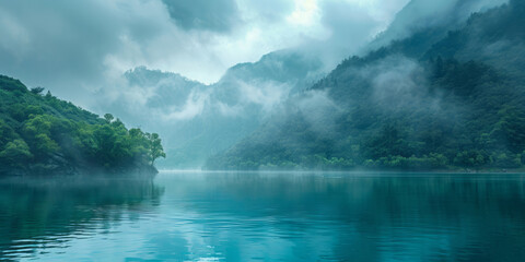 Mountains, trees, and clouds are mirrored on a lake's surface, embodying rural in a misty gothic scene in light turquoise and dark amber. - obrazy, fototapety, plakaty