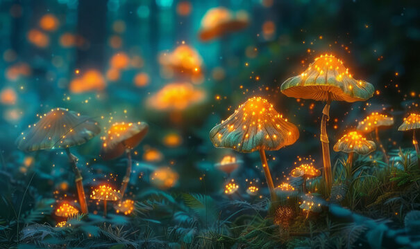 A fantasy forest is aglow with luminescent mushrooms, detailed figures, and a mix of dark cyan and orange.