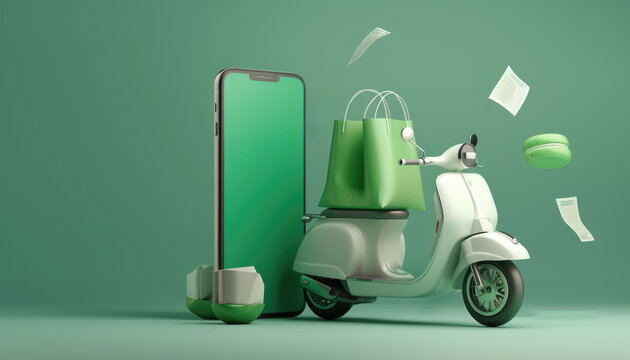 Green food bag or box is placed on white motorcycle or scooter. and all on smartphone with green screen and receipt paper by AI generated image