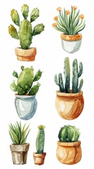 Japanese style watercolor cacti set, delicately potted and isolated on white, ideal for stickers and greetings , high resolution DSLR, 8K, high detailed, super detailed , ultra HD, 8K resolution , up3