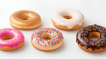 Colorful assortment of delicious donuts on a pristine white background, tempting and delightful treats for your visual cravings.