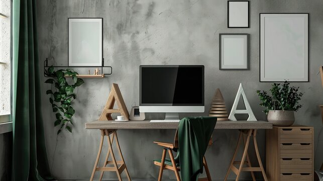 Green cloth on black wooden chair at desk with computer, wooden triangle and cones, real photo with gallery of posters on empty grey wall