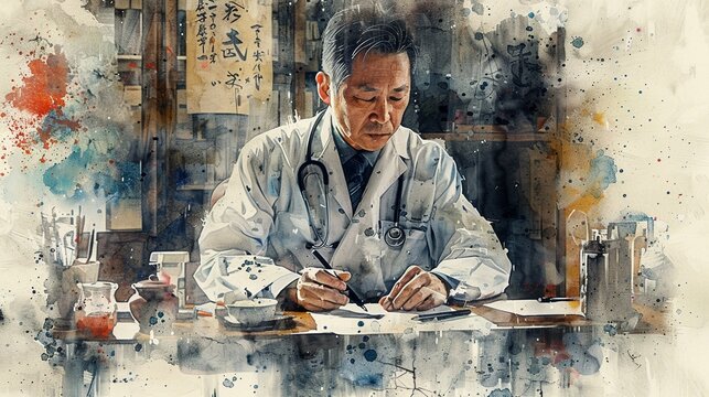 Japanese doctor in watercolor, capturing the calm expertise, traditional style with a modern medical touch , high resolution DSLR, 8K, high detailed, super detailed , ultra HD, 8K resolution , up32K H