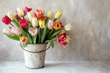 A vibrant assortment of pink, red, white, and yellow tulips in a vintage metal bucket, expressing spring freshness. Generated AI