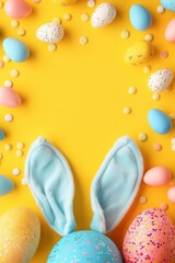 Easter Day Greeting. Top view vertical photo of colorful easter eggs and easter bunny ears on isolated yellow background, Easter celebration concept and copy space, ready for your greeting text - obrazy, fototapety, plakaty