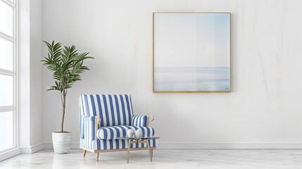 empty wall frame and blue striped chair, in the style of realistic seascapes, light white and brown, large canvas sizes, neo-geo minimalism, indonesian art, linear and airy, lightbox  