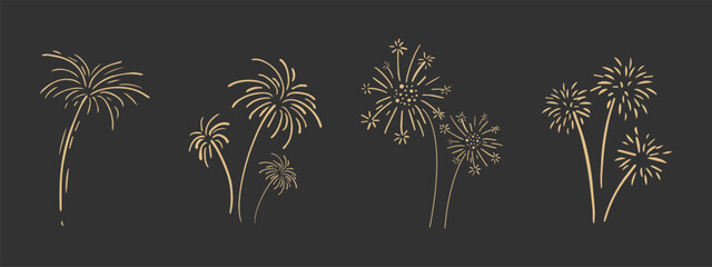 Set gold fireworks, firecrackers golden burst, rays festive doodle sparkle lights isolated on dark background.Celebration, Party Icon, Anniversary, New Year Eve, independence - obrazy, fototapety, plakaty