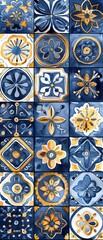 Japanesestyle watercolor illustrations of Mediterranean tiles, capturing traditional designs in blue and yellow, ready for print or fabric , high resolution DSLR, 8K, high detailed, super detailed , u