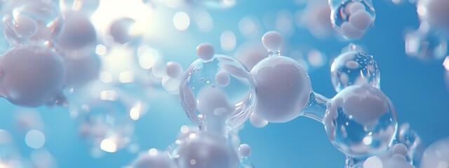 Abstract blue horizontal banner background with molecules. The model of the molecule.
