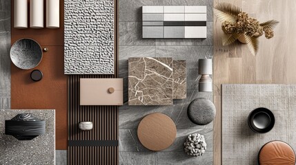 Hyper realistic photo, top down view, product photography, a material moodboard with swatches, color palette has touches of light grey and black but still warm, introduce warm color,  - obrazy, fototapety, plakaty