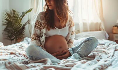Pregnant woman with visible belly sitting on bed - obrazy, fototapety, plakaty