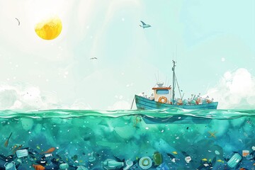 An ocean cleanup boat removing trash, conservation watercolors, eye-level, shimmering sea under the noon sun - obrazy, fototapety, plakaty
