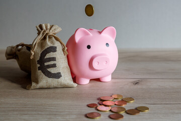 A piggy bank in the form of a pink pig, coins and a bag with a euro symbol on the table. Financial concept. Selective focus