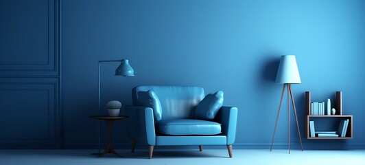 A blue room with an armchair, frames, a lamp and books. 3d render